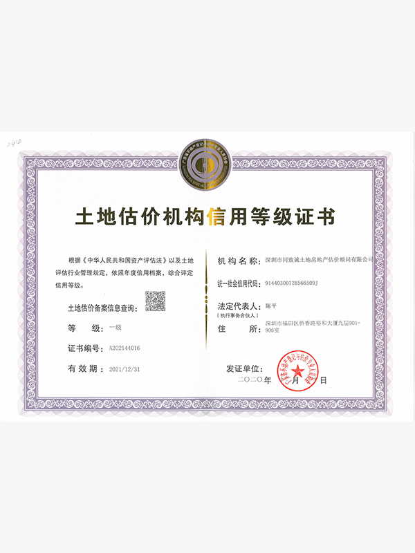 土地估價機構信用等級證書